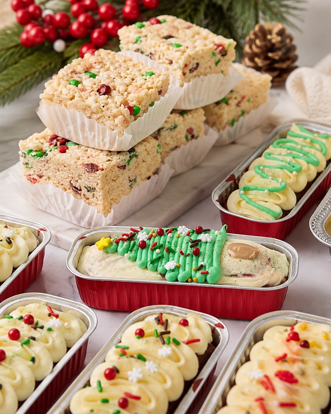 Holiday dessert boxes and decorated treats