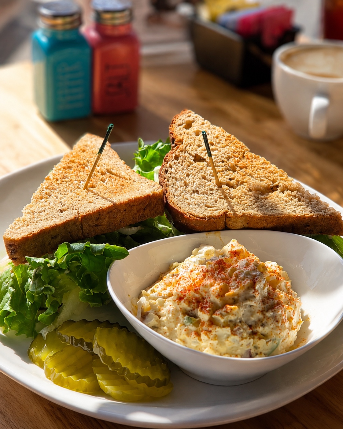 Sandwich with potato salad and pickles